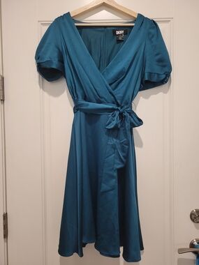 DKNY Teal Wrap Midi Dress with Puff Sleeves